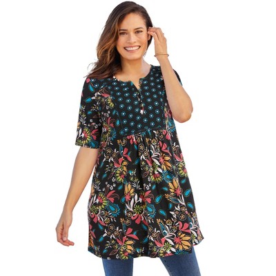 Woman Within Plus Size Mixed Print Henley Tunic