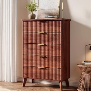 5 Drawer Dresser for Bedroom, Tall Fluted Wood Chest with Gold Handles, Modern Dressers with Thickened Design for Living Room - 1 of 4