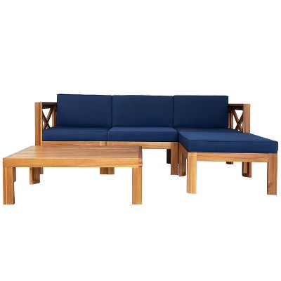 Maliang  Outdoor Backyard Patio Wood 5-Piece Sectional Sofa Seating Group Set with Cushions, Natural Finish+ Cushions