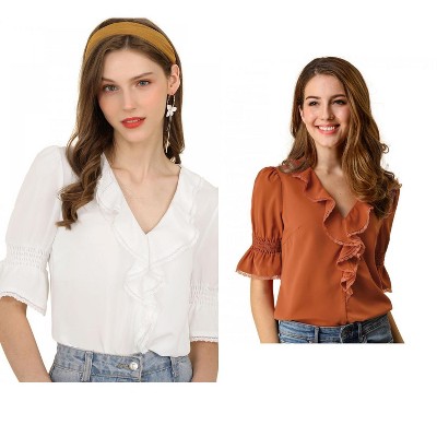 Allegra K Women's Ruffle V Neck Puff Sleeve Summer Casual Chiffon Peasant Top 2 Packs