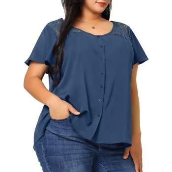 Agnes Orinda Women's Plus Size V Neck Full Placket Lace Panel Flare Short Sleeve Summer Button Down Shirts