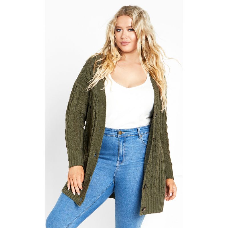 Women's Plus Size Cara Cable Cardigan - olive | AVENUE, 1 of 8