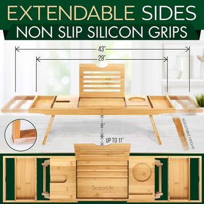 Adjustable Dark Brown Bamboo Freestanding Bathtub Caddy Tray