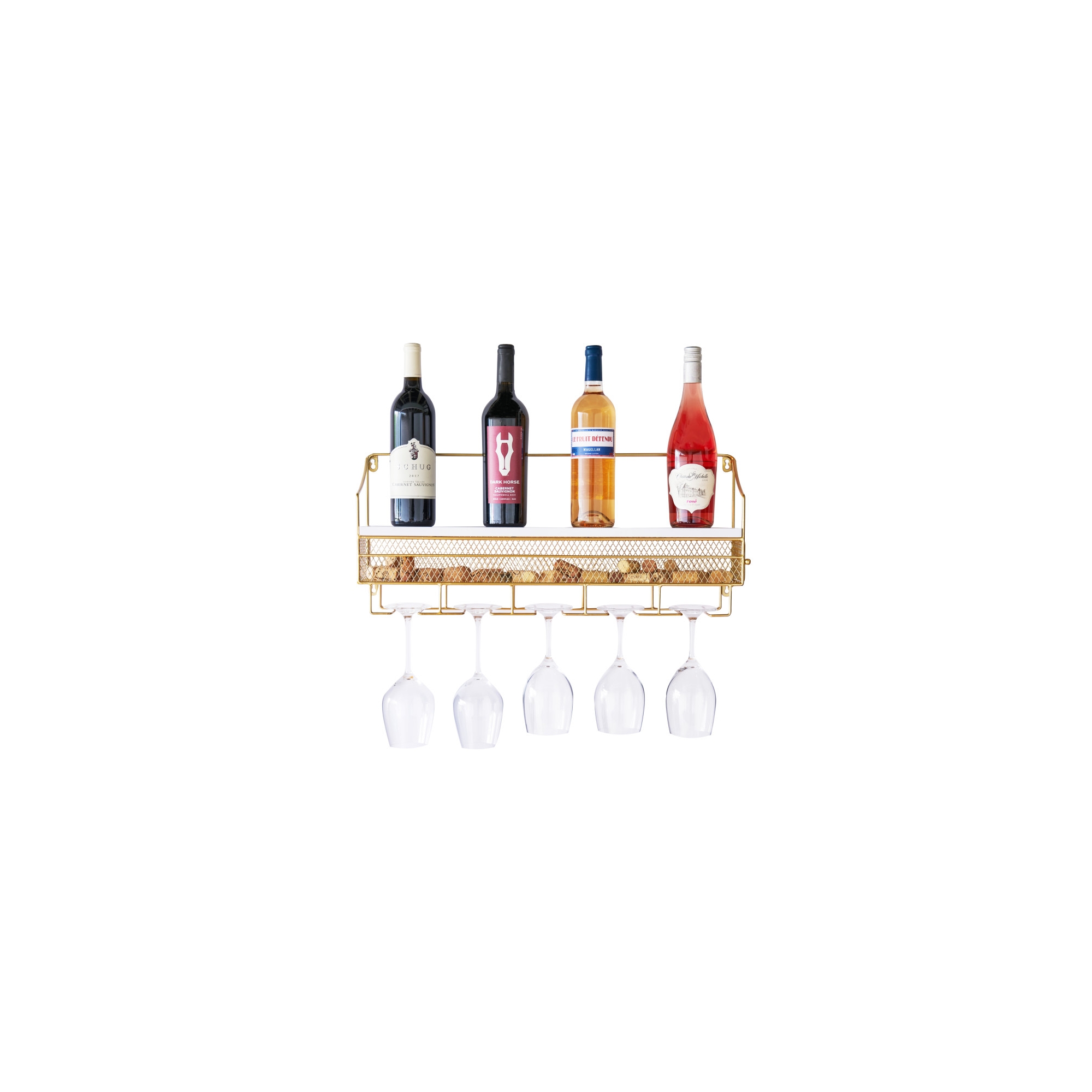 Twine Gold Wall Mounted Wine Rack, Integrated Cork Storage, Holds 8 Wine Bottles & 5 Wine Glasses, Wood and Cast Iron, Wedding Gifts, Home Bar Decor