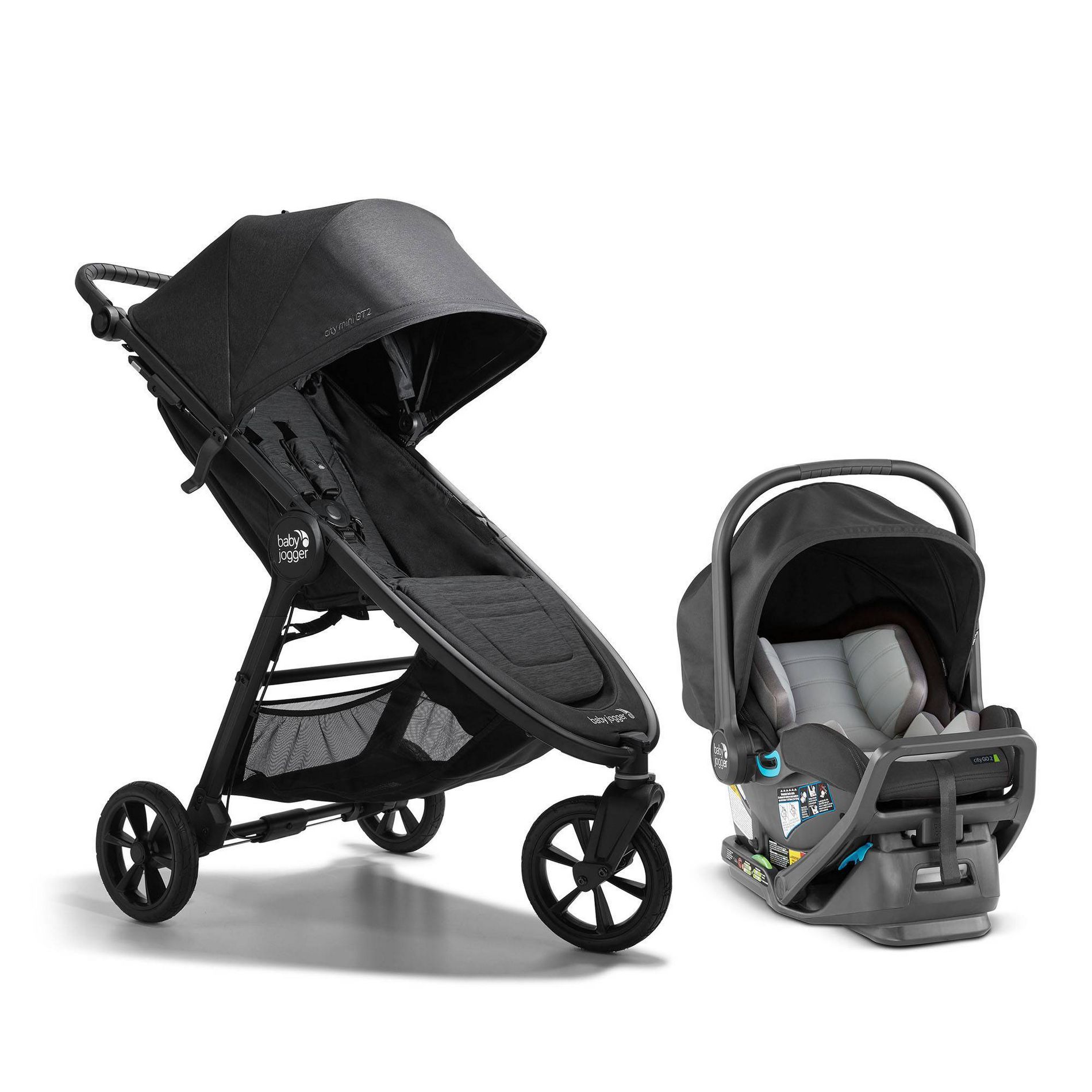 Baby Jogger City Mini GT2 Travel System - Opulent Black: Canopy, Hand-Operated Brakes, Rubber Tires, Adjustable Handle
