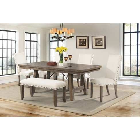 Dex 6pc Dining Set Table 4 Upholster Side Chairs And Bench Walnut