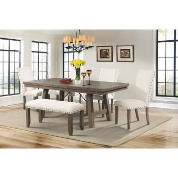 Dex 6pc Extendable Dining Table Set, 4 Upholster Side Chairs And Bench Walnut Brown/ Cream - Picket House Furnishings