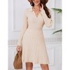Womens Collar V Neck Long Sleeve Pleated Casual Knit Sweater Dress - 2 of 4