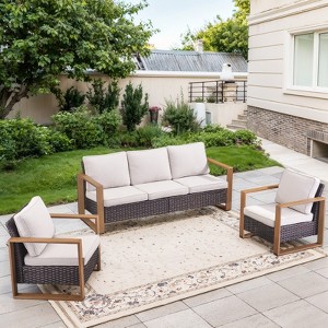 POCASSY Outdoor Sofa Couch Set with Club Lounge Chair, Patio Furniture Set with Wood Grain Square Armrest - 1 of 4
