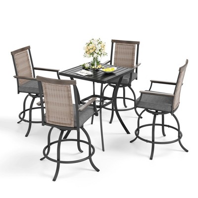 Captiva Designs 5pc Metal Bar Height Steel Dining Table with Umbrella Hole & Bar Swivel Chair with Armrest and Cushion