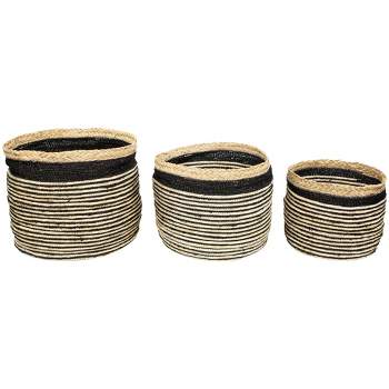 Northlight Set of 3 Tan and Black Striped Seagrass Storage Baskets with Braided Trim 17"