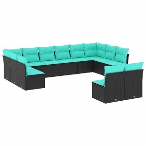 vidaXL 12 Piece Patio Sofa Set with Cushions Black Poly Rattan - Black and Blue Without Table - 1 of 4