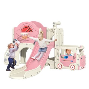 Sandinrayli 9 in 1 Toddler Slide, Bus-Themed Kids Slide and Climber Playset Green+yellow - 1 of 4