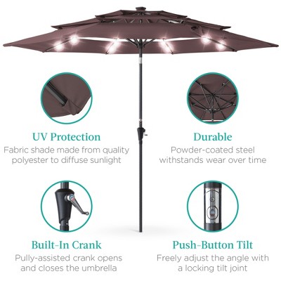 10ft Deep Taupe Steel Market Patio Umbrella with LED Lights