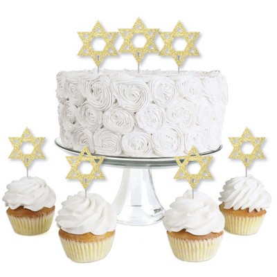 Big Dot of Happiness Gold Glitter Star of David - No-Mess Real Gold Glitter Dessert Cupcake Toppers - Hanukkah Clear Treat Picks - Set of 24