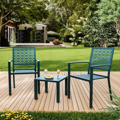 3-Piece Bistro Set, Outdoor Bistro Set, Stackable Metal Square Table and Chairs, Blue