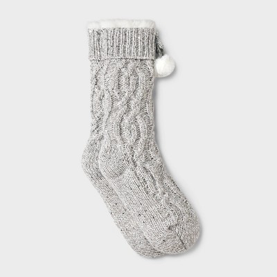 Image of Women's Sequin Twist Cable Knit Faux Shearling Lined Slipper Socks with Faux Fur Poms & Grippers - Charcoal Heather 4-10