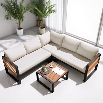 Mshliw 4-Piece Outdoor Patio Sectional Set with L-Shaped Sofa, Soft Cushions, and Coffee Table – Perfect for Garden, Backyard, Porch, or Deck
