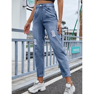 Women's High Waist Ripped Jeans Straight Leg Ankle Length Button Fasten Denim Trousers With Side Pocket - 1 of 4