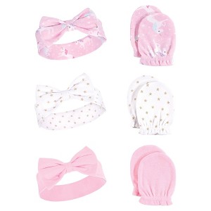 Hudson Baby Infant Girls Cotton Headband and Scratch Mitten 6pc Set, Unicorn, 0-6 Months - 1 of 1