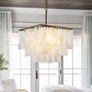 ALOADECOR 3-Light Coastal Natural Capiz Shell Tiered Chandelier With Square Antique Gold Frame - 1 of 4
