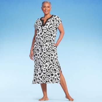 Lands' End Women's Floral Print Cap Sleeve Maxi Swimsuit Cover Up - Black/White