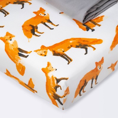 Crib Fitted Sheets Fox and Gray Solid - Cloud Island™ Gray/Orange/White 2pk