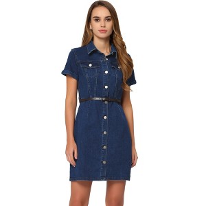 Allegra K Women's Collar Roll Up Short Sleeve Belted Button-Up Denim Shirt Dresses - 1 of 4