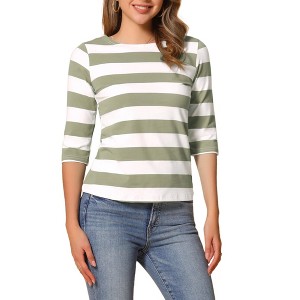 INSPIRE CHIC Women's Stripes Casual Basic Elbow Sleeves Boat Neck Slim Fit T-Shirts - 1 of 4