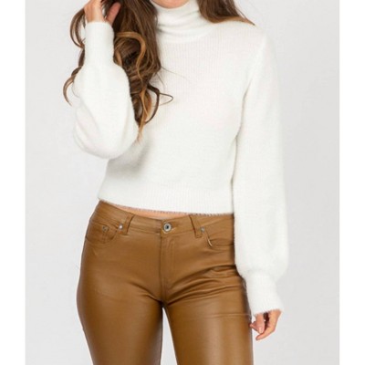 Women's FUZZY SEMICROP SWEATER - OLIVACEOUS