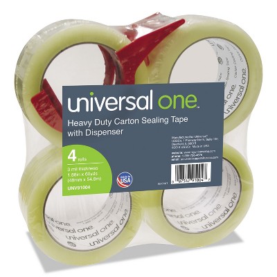 Universal Heavy-Duty Box Sealing Tape w/Dispenser 48mm x 54.8m 3" Core Clear 4/Pack 91004