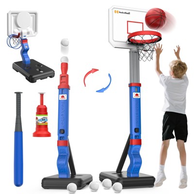 Skirfy 4 in 1 Kids Basketball Hoop T Ball Set Ring Toss Game for Kids, Baseball Tee with Automatic Pitching Machine, Blue