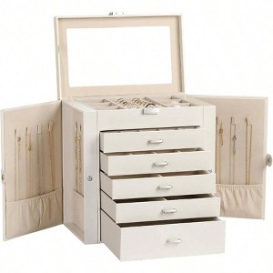 Large Jewelry Box, 6 - Tier PU Leather Organizer with Mirror and 5 Drawers for Necklaces, Bracelets, Watches White - 1 of 4