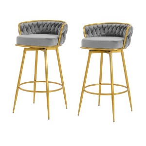 CAVINAS 31.5 inch Swivel Bar Stools Set of 2,180° Rotating Velvet Upholstered Bar Chairs with Hand-Woven Backrest & Footrest for Kitchen Island - 1 of 4