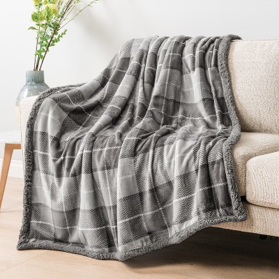 Light Gray Plaid Sherpa Fleece Twin Throw Blanket