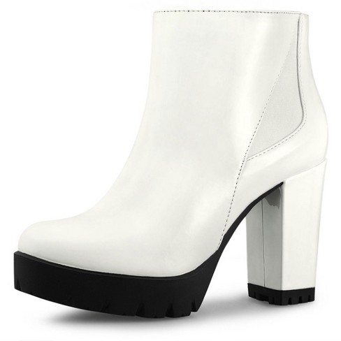 Black Toe White Ankle Boots, Block High Heel Shoes