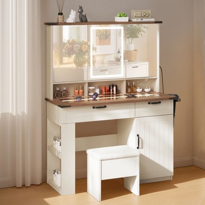 Vanity Desk with Adjustable Mirrors & 3 Lighting Colors, Makeup Vanity with Power Strip, Dressing Table Set with Drawers & Cabinets & Storage Stool