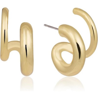 14K Gold Plated Triple Huggie Illusion Stud Earrings | Double Huggie Hoop Earrings for One Hole | Gold Hoop Earrings for Women