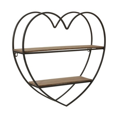 Sagebrook Home 20" 2-Tier Heart Wall Shelf - Contemporary Industrial Rustic Brown Metal and Wood Mounted Wall Shelf