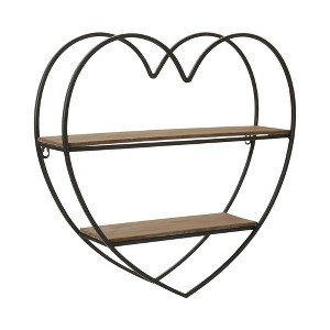 Sagebrook Home 20" 2-Tier Heart Wall Shelf - Contemporary Industrial Rustic Brown Metal and Wood Mounted Wall Shelf - 1 of 4