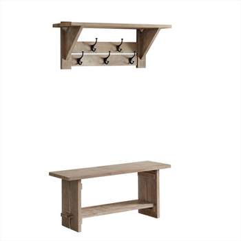 40" Castleton Mango Wood Bench and Coat Hook with Shelf Driftwood - Alaterre Furniture