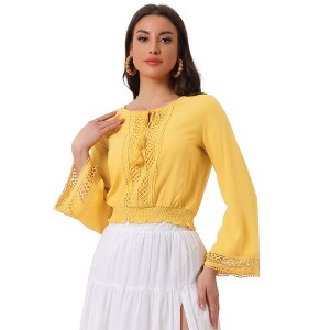 Allegra K Women's Round Neck Bell Long Sleeve Smocked Hem Cropped Blouse - 1 of 4