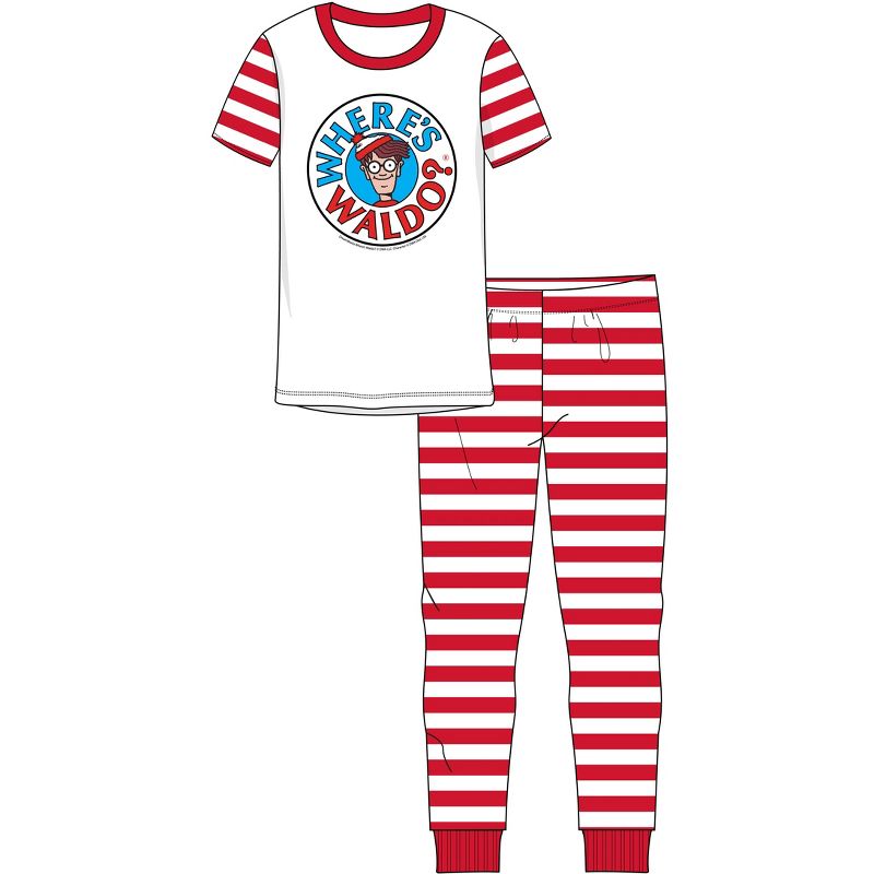 Where's Waldo Character Head Boy's Short Sleeve Shirt & Red & White Striped Sleep Pajama Pants Set, 1 of 5