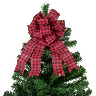 Red and Black Plaid Fabric Christmas Bow Tree Topper