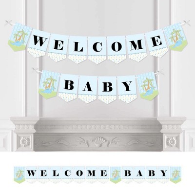 Big Dot of Happiness Baby Boy Dinosaur - Baby Shower Bunting Banner - Blue Party Decorations - Welcome Baby