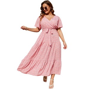 Garvee Women Plus Size V Neck Wrap Maxi Dress High Waist Ruffle Summer Casual Dress with Belt Short Sleeve - 1 of 4