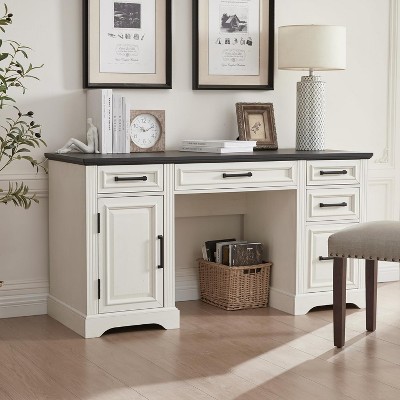 SinCiDo 58″ Desk, Farmhouse Computer Desk with Drawers and Cabinet, Embossed Texture Home Office Desk