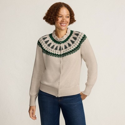 Lands' End Women's Drifter Lurex Ruffle Neck Jacquard Cardigan Sweater
