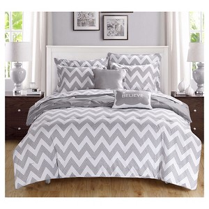 Foxville Pinch Pleated and Ruffled Chevron Print Reversible Comforter Set 9 Piece (Full) Gray - Chic Home Design