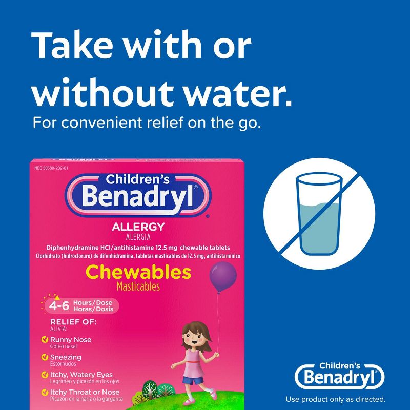Children&#39;s Benadryl Diphenhydramine Allergy Relief Chewable Tablets - Grape - 20ct, 6 of 10